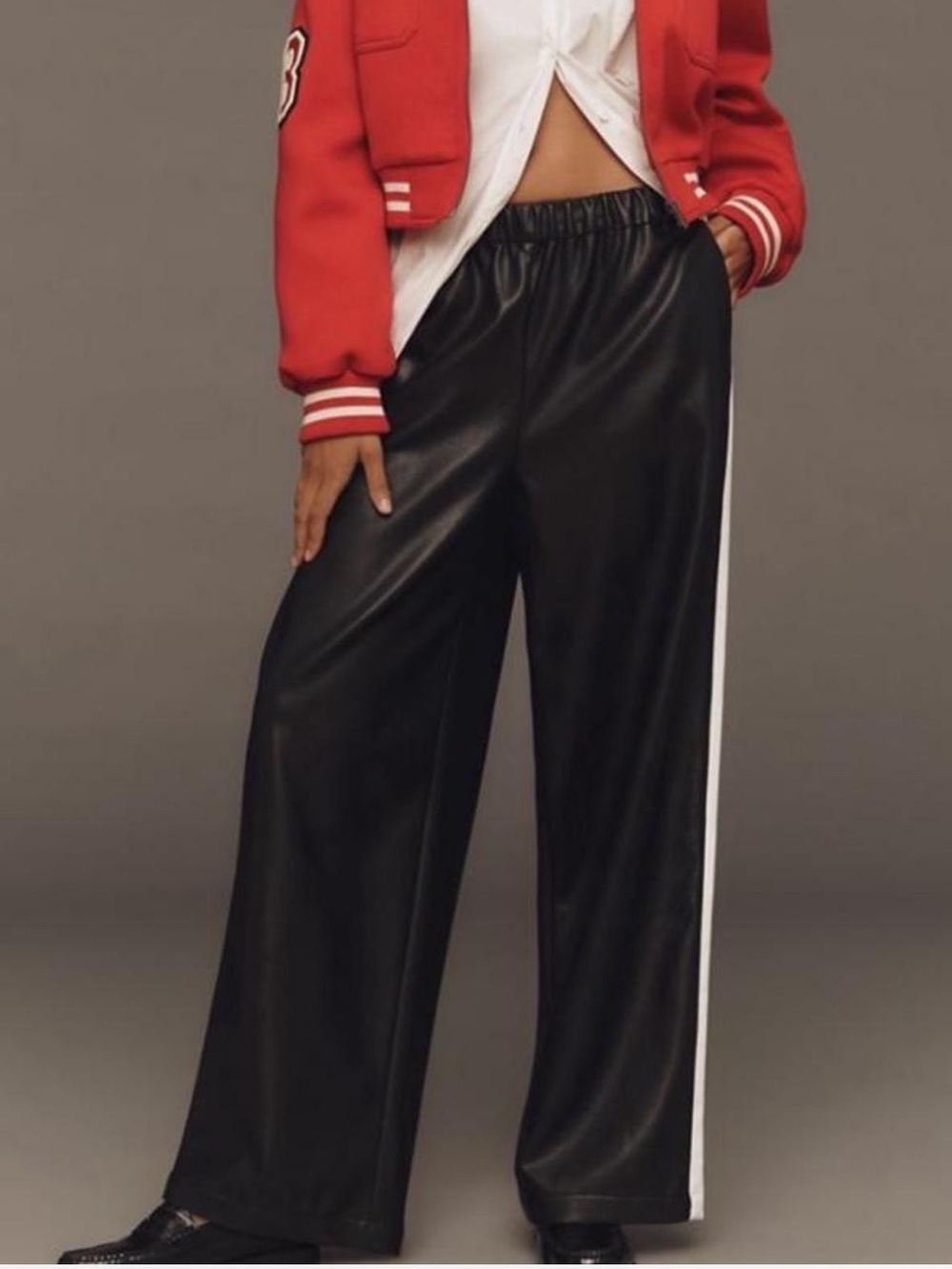Maeve Black Wide-Leg Faux Leather Pants with White Side Stripe